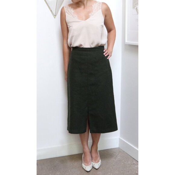 Vintage 80s Long Forest Green Wool Midi Skirt w/ Single Pocket, Olive Green - Picture 3 of 9